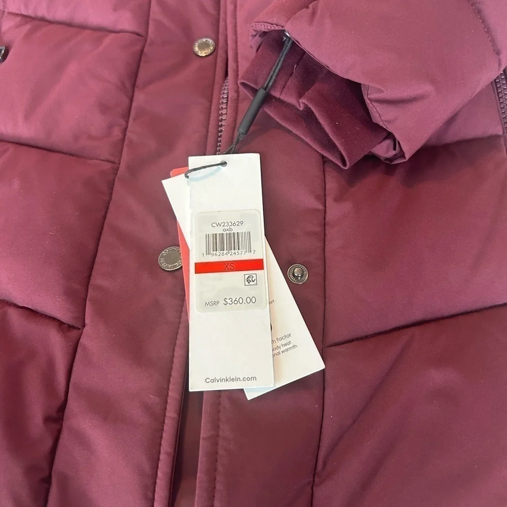 Calvin Klein NWT Burgundy Women’s Faux Fur-Lined Hooded Puffer Coat Size XS - Picture 7 of 12